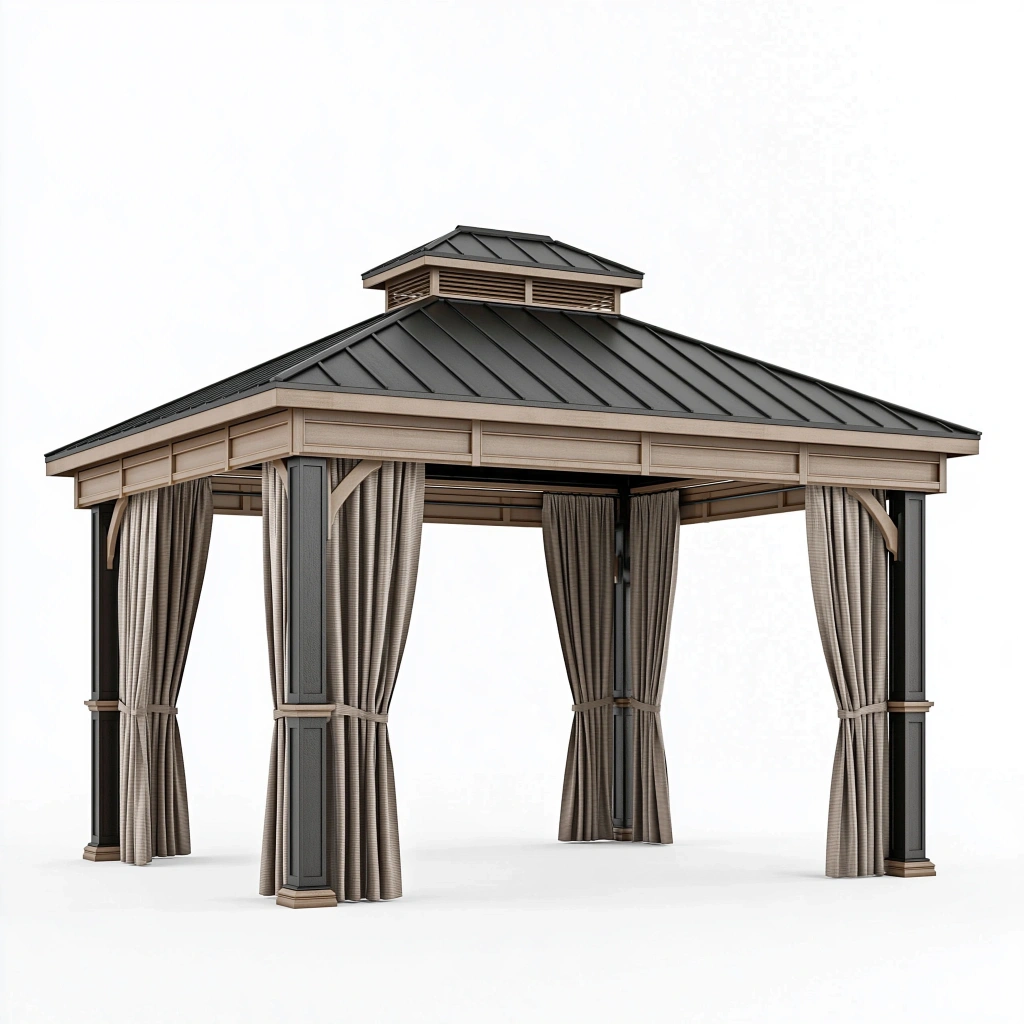 Altana ogrodowa 400 cm x 300 cm x 300 cm metalowa brązowa z zasłonami - zadaszona