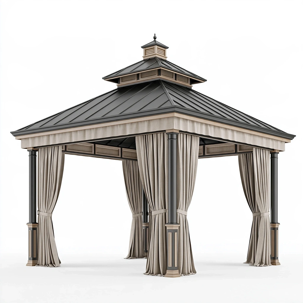 Altana ogrodowa 400 x 400 x 350 cm metalowa szaro-beżowa z zasłonami - pawilon z dachem