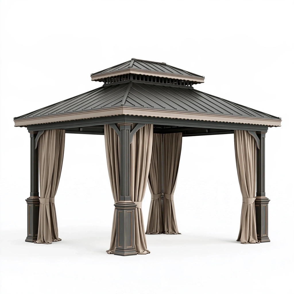 Altana ogrodowa 300 x 300 cm metalowa szaro-beżowa z zasłonami - klasyczny styl
