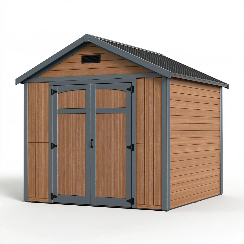 Domek ogrodowy 200 x 150 x 200 cm z tworzywa w kolorze brązowym i antracytowym z dwuskrzydłowymi drzwiami